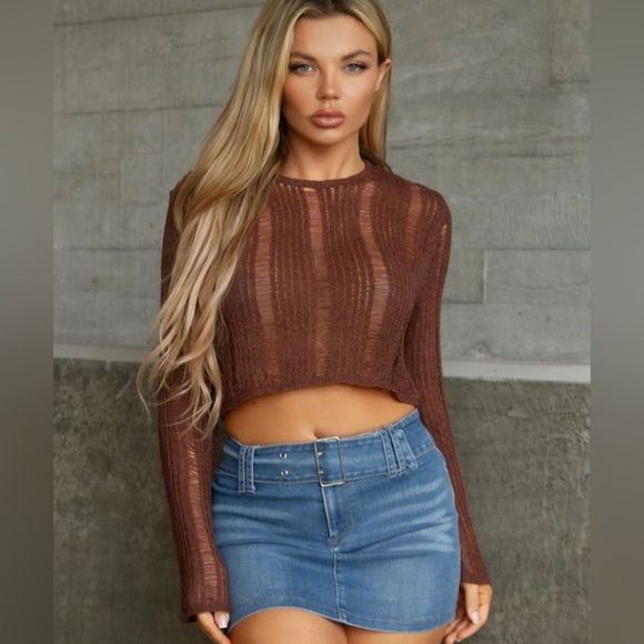 Tops - Brown Distressed Woven Top